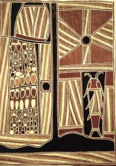 Larger image in new window. Fig. 3: David Malangi, Sacred Sites of Milmindjarr, 1982, ochre pigments on bark, 107 x 79 cm, printed in: Sutton, Peter (ed.): Dreamings. The Art of Aboriginal Australia, Penguin Books Australia, Ringwood 1988, exh. cat., p. 52
