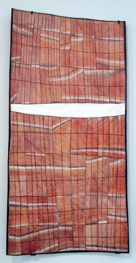 Larger image in new window. Fig. 2: John Mawurndjul, Mardayin at Kudjarnngal, 2003, ochre pigments on bark, 152,5 x 76 cm, printed in: Museum Tinguely (ed.): "rarrk". John Mawurndjul. Zeitreise in Nordaustralien, Basel 2005, exh. cat., p. 145