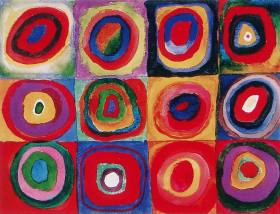 größeres Bild im neuen Fenster. Wassily Kandinsky, Farbstudien, Quadrate mit konzentrischen Ringen, 1913, Acquarall, Gouache und schwarze Kreide auf Papier, abgedruckt in: Helmut Friedel The Blue Rider: A Dance in Colours: Watercolours, Drawings and Graphic Arts from the Lenbachhaus Munich 