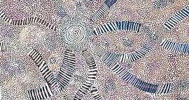 größeres Bild im neuen Fenster. Abb. 5. Ausschnitt aus: Kaapa Tjampitjinpa Ngalyilpi (A Small Snake), 1972, Acryl auf Holz, 121,9 x 95,3 cm, abgedruckt in Benjamin, Roger und Weislogel, Andrew C. (Hg.): Icons of the Desert: Early Aboriginal Paintings from Papunya, Herbert F. Johnson Museum of Art, Cornell University, New York 2009, S. 140