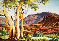 Larger image in new window:  Albert Namatjira, In the Ranges, Mount Hermannsburg, c. 1950, water colour and coloured pencil on paper, printed in: Benjamin, Roger and Weislogel, Andrew C. (eds.): Icon of the Desert: Early Aboriginal Paintings from Papunya, Herbert F. Johnson Museum of Art, Cornell University, New York 2009, p. 29