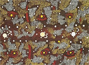 größeres Bild im neuen Fenster. Abb. 6: Tim Leura Tjapaltjarri, Sun, Moon and Morning Star Tjukurrpa, 1973, Acryl auf Holz, 45 x 58 cm, abgedruckt in Bardon, Geoffrey: Papunya Tula. Art of the Western Desert, McPhee Gribble, Melbourne 1991, S. 121