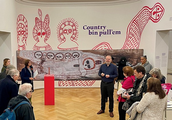 Larger image in new window. Weltkulturen Museum tour by Matthias Claudius Hofmann and co-curator Leah Umbagai